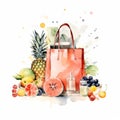 Hand Drawn Watercolor Shopping Bag With Fruits Clipart