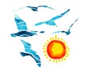 Abstract watercolor seagulls. Picturesque sun. Vector illustration Royalty Free Stock Photo