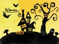 Halloween card, watercolour silhouette haunted house and graveyard