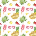 Watercolour summer pattern with fresh fruits, sunglasses, ice posicles and tropical palm leaves on white background