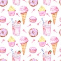 Watercolour tasty desserts seamless pattern in pastel colors. hand painted sweet treats on white background Royalty Free Stock Photo