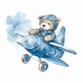 watercolour teddy bear in a blue aeroplane clipart