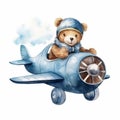 watercolour teddy bear in a blue aeroplane clipart on white background