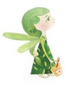 Fairy girl with wings. Watercolor illustration of a fairy girl with a toy. Bright print for children.