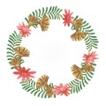 Watercolour tropical wreath with red flowers and green, brown leaves, fern Royalty Free Stock Photo