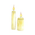 Watercolour white candles with fire. Hand drawn illustration, cozy decorations for Christmas, halloween, easter