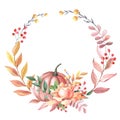 Watercolour wreath with pumpkin, leaves,red berry on white background. Frame