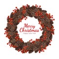 Watercolour Xmas wreath with cones and red berries