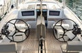 Watercraft with dual steering wheels on its deck for naval architecture Royalty Free Stock Photo