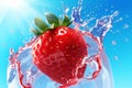 healthy red water freshness blue splash fruit strawberry food fresh background. Generative AI.