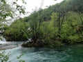 Waterfal, lake cascades, canyon and wooden bridge in Plitvice Lakes National Park