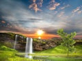 Waterfal mountain and tree on field at countryside , sea sunset wild flowers on field water sunlight reflection nature lands