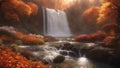 waterfall in autumn Fantasy waterfall with a landscape of trees and flowers, with a Beautiful water