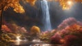 waterfall in autumn Fantasy waterfall of light, with a landscape of glowing trees and flowers, with a Beautiful water