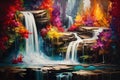 Waterfall in autumn forest. Digital painting. Colorful autumn landscape, A cascade of abstract colors mimicking a Royalty Free Stock Photo