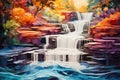 Waterfall in the autumn forest. Watercolor painting on canvas, A cascade of abstract colors mimicking a waterfall\'s Royalty Free Stock Photo