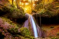 Waterfall in autumn with orange and yellow colors. Running clear, cold water in a forrest during autumn