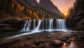 waterfall in autumn waterfalls nature landscape in mountains sunset motion blur effect with green trees and orange Royalty Free Stock Photo