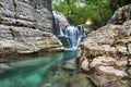 Waterfall and blue stream mountain river in forest. Georgia