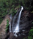 Waterfall at the carpatian mountains at the green rainy pine for