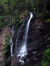 Waterfall at the carpatian mountains at the green rainy pine for