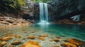 Waterfall cascade pool, lush forest backdrop, nature travel Royalty Free Stock Photo