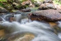 Waterfall cascades flowing over flat rocks in forest