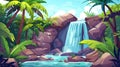 A waterfall cascades in a jungle forest cartoon landscape. River streams flow from rocks to creeks or lakes with palm Royalty Free Stock Photo