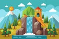 A waterfall cascades through a lush forest landscape, Waterfall method Customizable Cartoon Illustration Royalty Free Stock Photo