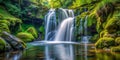 A waterfall cascading down moss covered rocks into a tranquil pool AI-Created Content Royalty Free Stock Photo