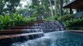 A waterfall cascading down a set of steps into the pool, AI Royalty Free Stock Photo