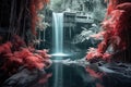 a waterfall cascading through jungle foliage in infrared Royalty Free Stock Photo