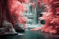 a waterfall cascading through jungle foliage in infrared Royalty Free Stock Photo