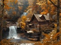 Waterfall cascading next to a charming cabin, AI-generated.