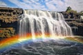 Waterfall cascading over rocky cliffs with a rainbow. Concept of natural wonder, vibrant ecosystem, outdoor adventure Royalty Free Stock Photo