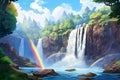 Waterfall cascading over rocky cliffs with a rainbow. Concept of natural wonder, vibrant ecosystem, outdoor adventure Royalty Free Stock Photo