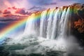 Waterfall cascading over rocky cliffs with a rainbow. Concept of nature's majesty, powerful water flow, rainbow Royalty Free Stock Photo