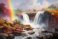 Waterfall cascading over rocky cliffs with a rainbow. Concept of nature's majesty, powerful water flow, rainbow Royalty Free Stock Photo