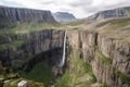 waterfall cascading over towering cliff, with view of the valley below Royalty Free Stock Photo