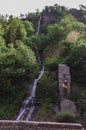 Waterfall in the Central Park of Borjomi. The statue of Prometheus. Sights Of Georgia