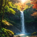 Waterfall colorful leaves in the summer is a beautiful waterfall with clear, flowing water, soft, emerald