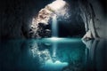 a waterfall is coming out of a cave into the water with a light at the end of the tunnel Royalty Free Stock Photo