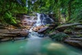 Waterfall in the deep rain forest jungle, Beautiful waterfall in green tropical forest. View of the falling water with splash in Royalty Free Stock Photo