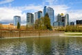 Waterfall in the Downtown Park in Bellevue and city skyline Royalty Free Stock Photo