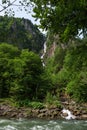 Waterfall dropping down into the Sounkyo gorge from the cliffs of Daisetsuzan National Park