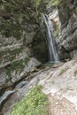 Waterfall at the end of the Voje valley in the Mostnica Gorge not far from lake Bohinj in Slovenia