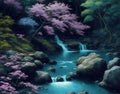 Waterfall in the fairy forest. Image must be Illustrations and Clip Art AI generated