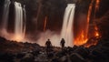 waterfall and fire Horror Beusnita Waterfall of fire, with a landscape of burning trees and lava,