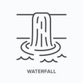 Waterfall flat line icon. Vector outline illustration of cascade water. Black thin linear pictogram for nature landscape