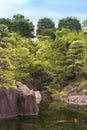 Waterfall flowing into the central pond of Mejiro Garden where c Royalty Free Stock Photo